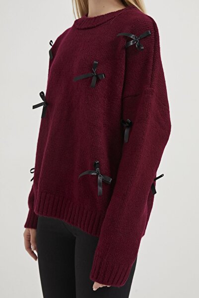 Arma Life Women's Ribbon Patterned Burgundy Oversize Knit Sweater