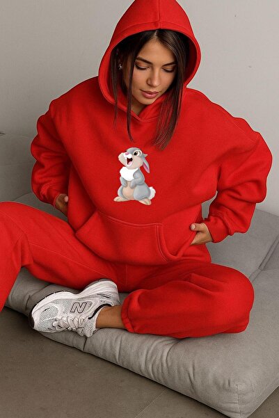 BENROMA 3 İPLİK PENYE TAVŞAN BASKILI ÜNİSEX KAPÜŞONLU SWEAT