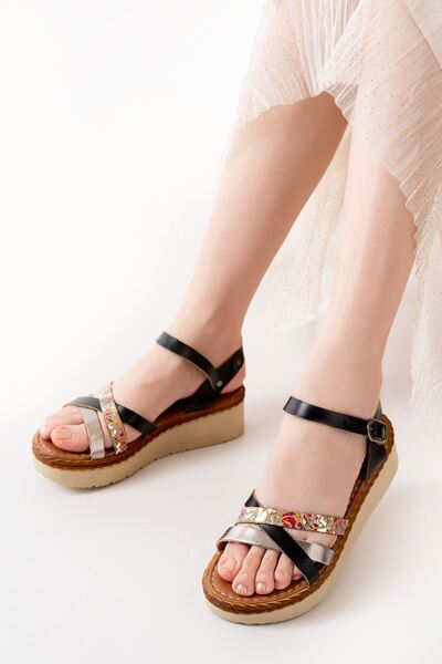 Budi 730-015 Black Garni Orthopedic Genuine Leather Wedge Women's Sandals