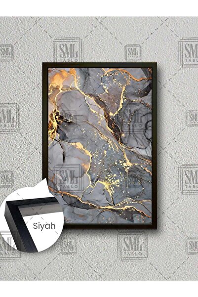 SML TABLO Gold Damarlı Gri Mermer Mürekkep İnk Art Çerçeveli Dikey Kanvas Tablo