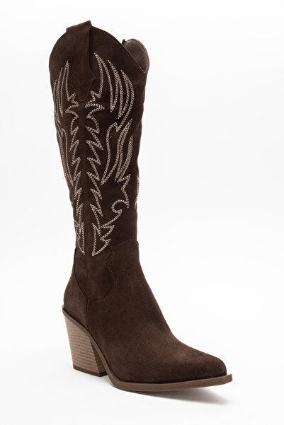 Dericlub Women's High Heel Western Boots Real Suede Leather Zy 1614 Suede Brown