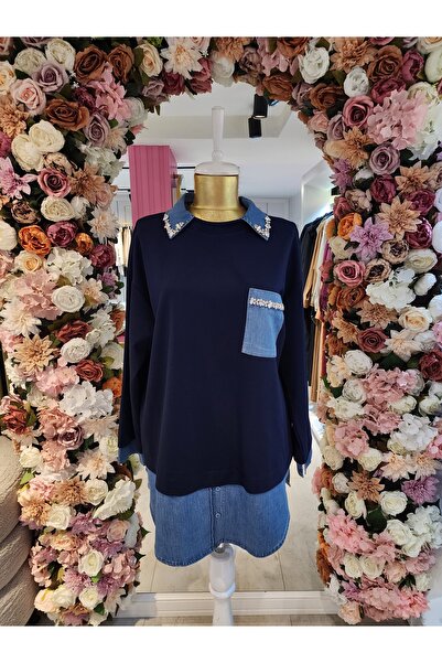 SEÇİL kot gömlekli sweatshirt lacivert kadın