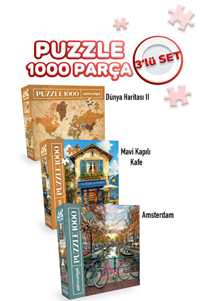 Neverland 3 ADET 1000 PARÇA PUZZLE - AMSTERDAM VE MAVİ KAPILI KAFE VE DÜNYA H...