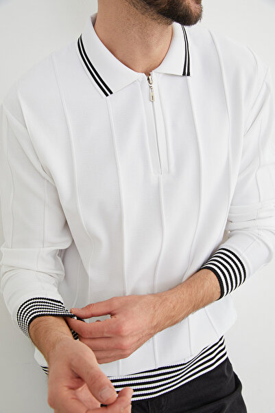 Fulla Moda Çizgili Polo Yaka Yarım Fermuarlı Triko Body