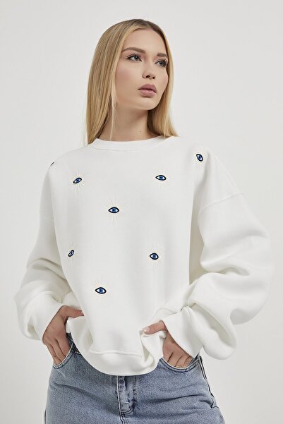 Arma Life Women's Eye Pattern Crew Neck White Loose Sweatshirt