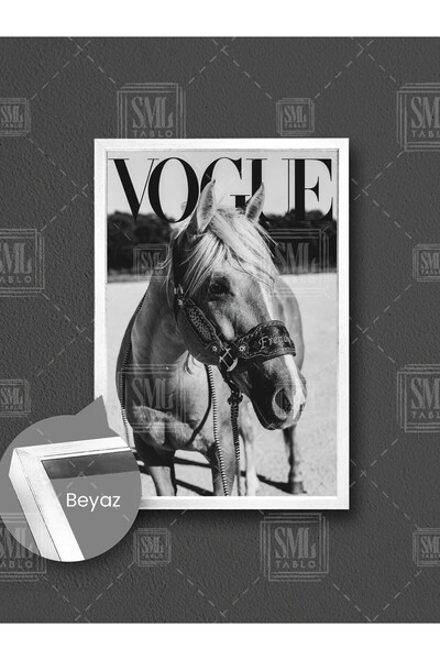 SML TABLO Beyaz Asil At Dergi Kapağı Hayvan Moda Fashion Dekor Çerçeveli Dike...