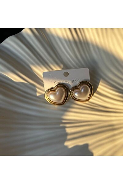 ses atelier Gold Detaylı Kalpli İnci Küpe
