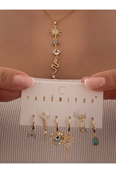 GİS JEWELRY Yakemıyou 6”lı Charm Nazar Boncuklu Gold Çelik Küpe