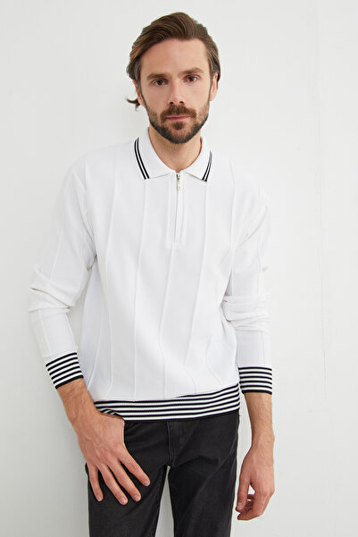 Fulla Moda Çizgili Polo Yaka Yarım Fermuarlı Triko Body