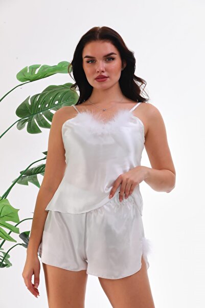 VELİNA GROUP 4-Piece White Satin Dressing Gown Nightgown with Sleeves, Leg Cuffs, and Goose Feather Detail on the Chest