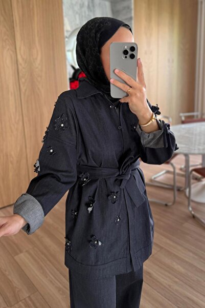 Ka Hijab Set de blugi cu detalii florale 3D - Albastru închis