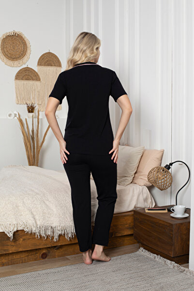 Lavint Homewear Kadın Pamuklu Likralı (%95 Pamuk %5Likra) Kurdele Fiyonk Desenli Rahat Kalıp Pijama Takımı