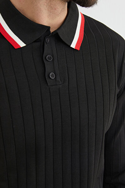 Fulla Moda Çizgili Fitilli Polo Yaka Triko Kazak