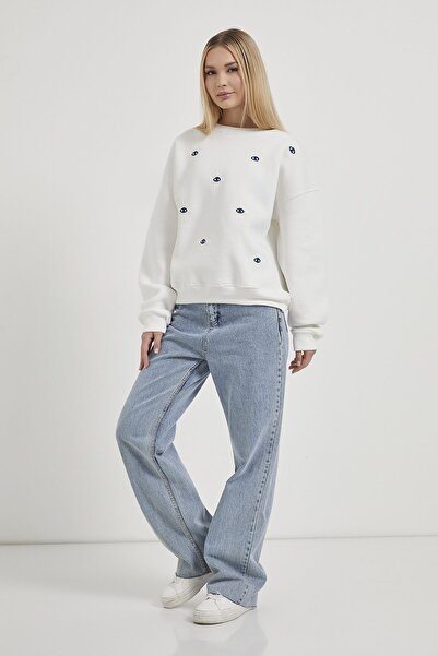 Arma Life Women's Eye Pattern Crew Neck White Loose Sweatshirt