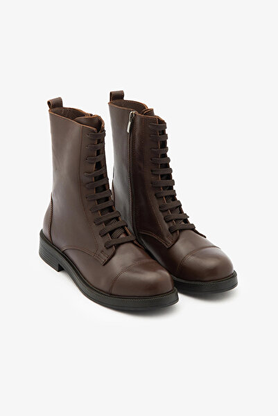 SAYL Kahve Hakiki Deri Bağcıklı Yandan Fermuarlı Postal Kadın Bot