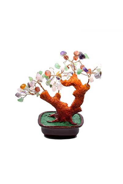 Feng Shui Copac cu pietre semipretioase mixt pe suport ceramic 17 cm inaltime