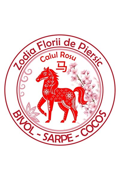 Feng Shui Abtibild sticker cu Cal Rosu si Floare de Piersic - mare