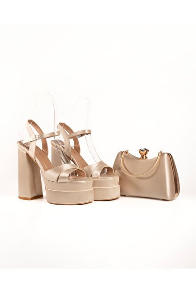 E&L Company Net 15,5cm Bej saten çift platform. Çantasıyla takımdır.
