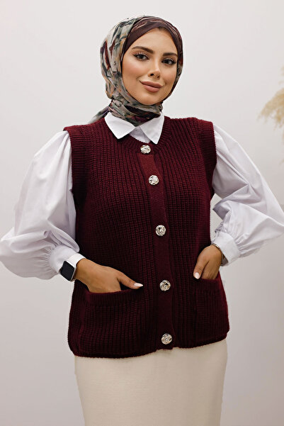 Tesettür Dünyası Buttoned Knitwear Sweater Tsd250221 Claret Red