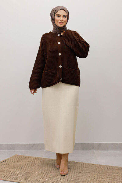 Tesettür Dünyası Soft Textured Buttoned Knitwear Cardigan Tsd250223 Bitter Brown