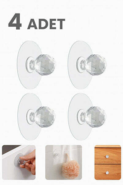 SYN AKSESUAR Çok Amaçlı Kristal Topuz Yapışkanlı Askı ve Çekmece Tutacağı (4 Adet)- Düzenleyici