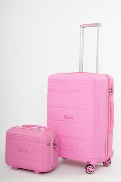 Travel POLO 2'li Polipropilen Kırılmaz Valiz Orta Boy ve Makyaj Fuşya 1017