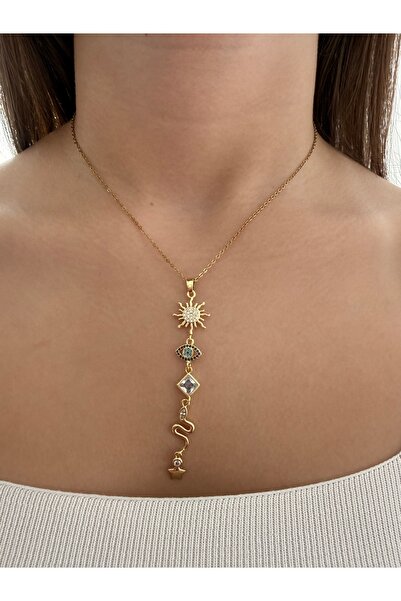 GİS JEWELRY قلادة ذهبية من حجر الزركون الفولاذي بتصميم الشمس والقمر