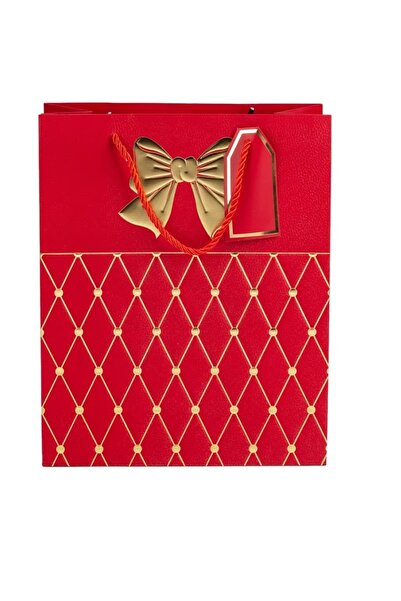 velve Set of 10 gift bags, with durable handle, red with gold bow, 12x7x15 cm