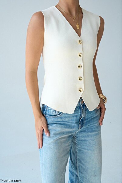CADDELAMODA Women's V-Neck Gold Buttoned Vest