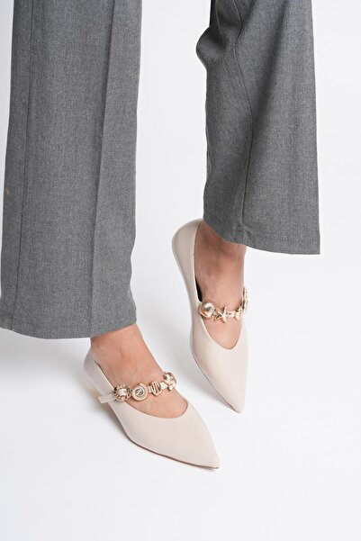 Mubiano Siena Women's Beige Low Heel Shoes with Gold Accessories (2cm)