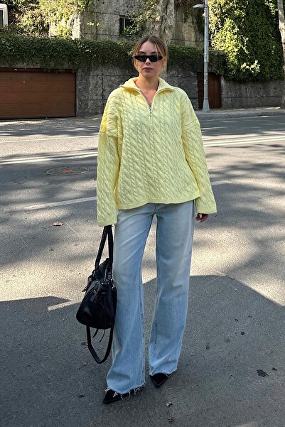 Swist Sarı Fermuarlı Dik Yaka Kalın Saç Örgü Oversize Kadın Triko Kazak