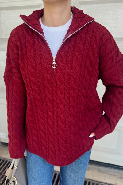 Swist Bordo Fermuarlı Dik Yaka Kalın Saç Örgü Oversize Kadın Triko Kazak
