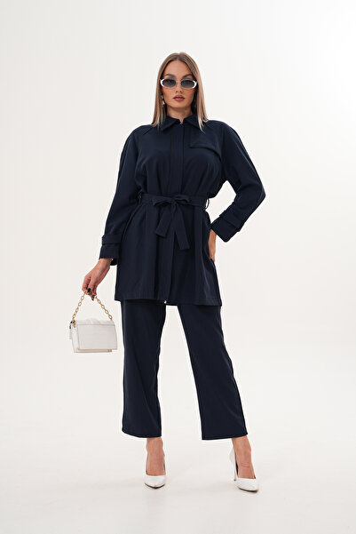 AYASOFYA OTANTIK Women's Navy Blue Zipper Closure Piping Shirt Pants Set