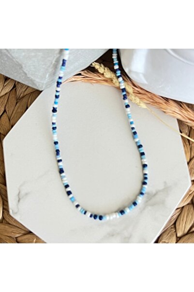 HALHALMILL Mavi Beyaz Tonlarında Kum Boncuk Kolye