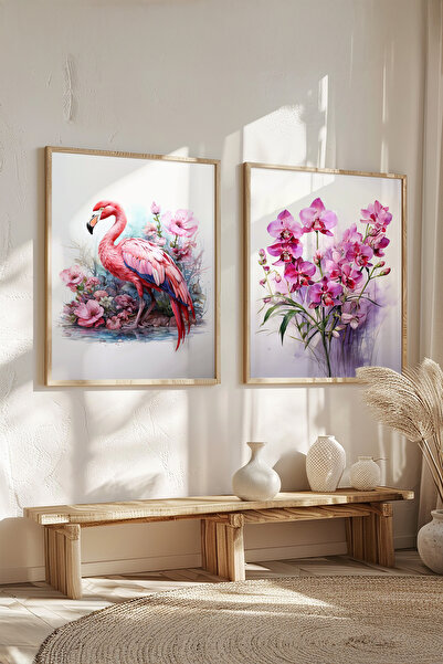 STARYUNA Wooden Framed Flamingo and Orchid Flower Double Painting Set Yuna433