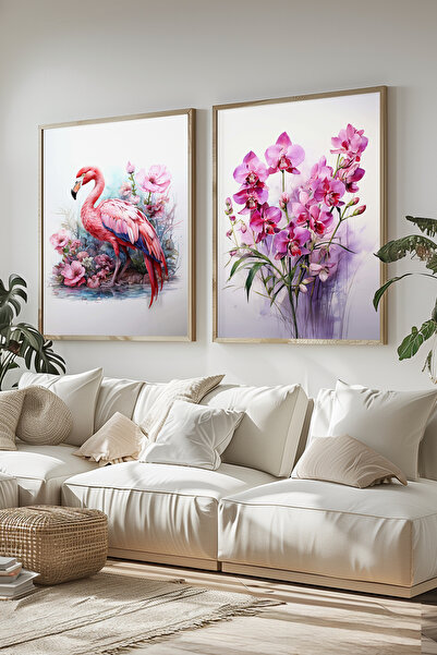 STARYUNA Wooden Framed Flamingo and Orchid Flower Double Painting Set Yuna433