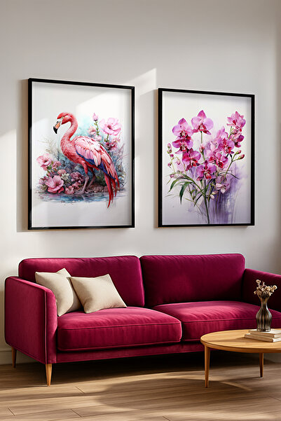 STARYUNA Set de pictură dublă cu efect de acuarelă cu flamingo și flori de orhidee cu cadru negru Yuna433