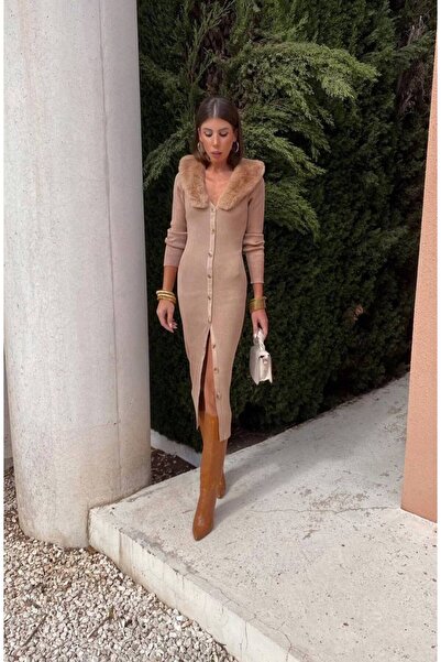 Miss Beyoğlu Rochie lungă de damă din tricotaj, cu guler din material textil ...