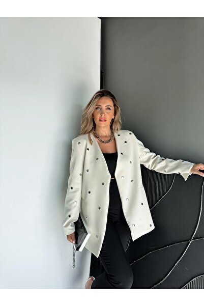 Zerrincan Giyim Krem Zımbalı V Yaka Tasarım Ceket