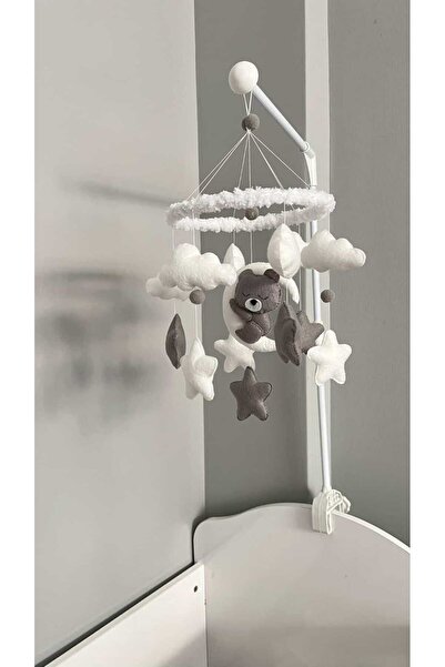 beberinos Müzikli Gri Ayıcık Bebek / Çocuk %100 El Yapımı Beşik Süsü Dönence