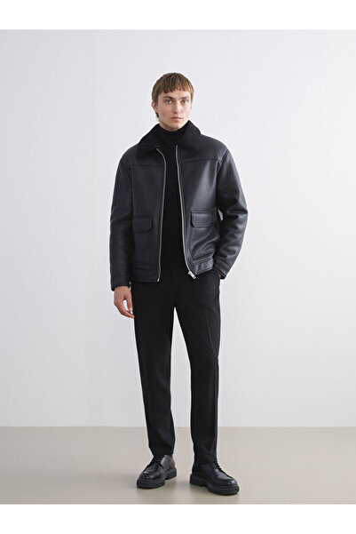 LC Waikiki Black Standard Fit Fur Collar Men's Leather-Look Coat