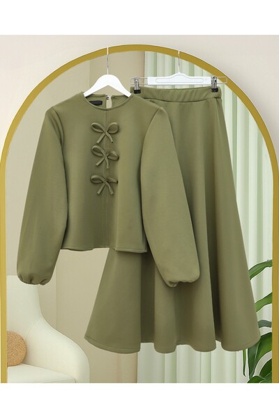 Modamorfo Scuba Suit with Bow Detail on the Front and Skirt - Khaki