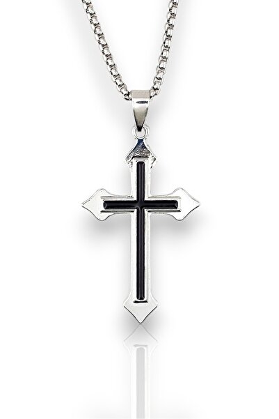 Solfera Siyah Çizgili Haç Istavros Paslanmaz Çelik Erkek Kolye Zincir Q0983