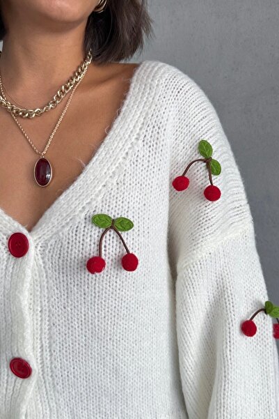 Mila Ekru Kirazlı Triko Hırka