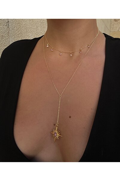 pop up store Pembe Zirkon Taşlı Yıldız Katmanlı Kadın Kolye