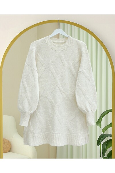 Modamorfo Baklava Patterned Soft Knit Tunic - Ecru