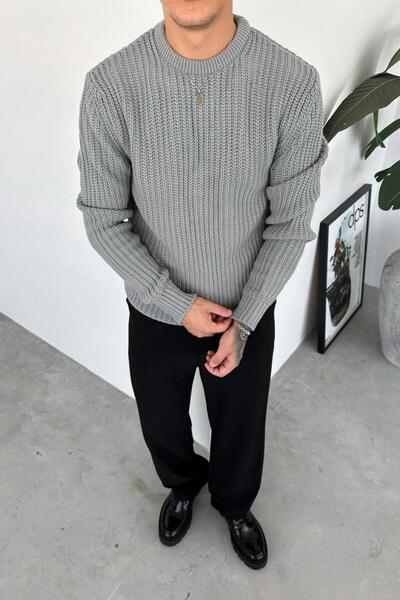 HAFKAGİYİM Gray Crew Neck Oversize Knit Sweater
