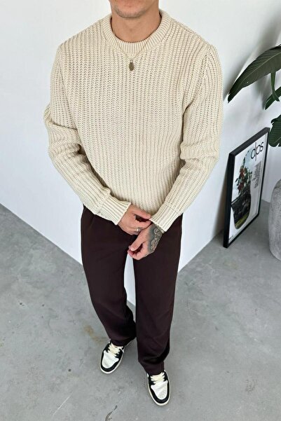 HAFKAGİYİM Крем бикълс врат прекалено голям плетен пуловер