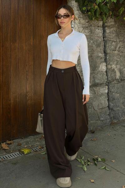 Swist Brown 3 Pleated High Waist Pocketed Wide Leg Women's Palazzo Pants