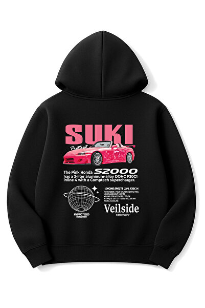 Altair Tr سويت شيرت أسود قصة فضفاضة للجنسين سوكي بينك هوندا مطبوع بغطاء رأس